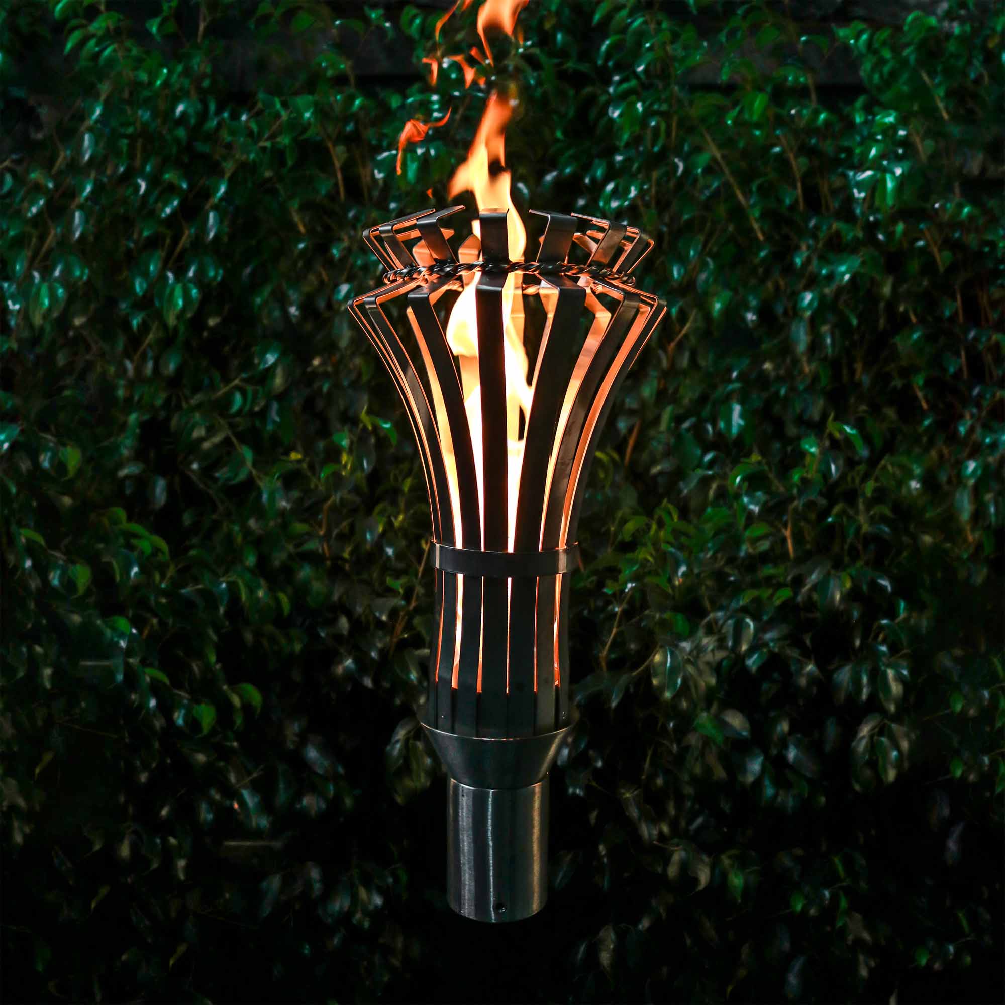 Torch with flames against a green bush background