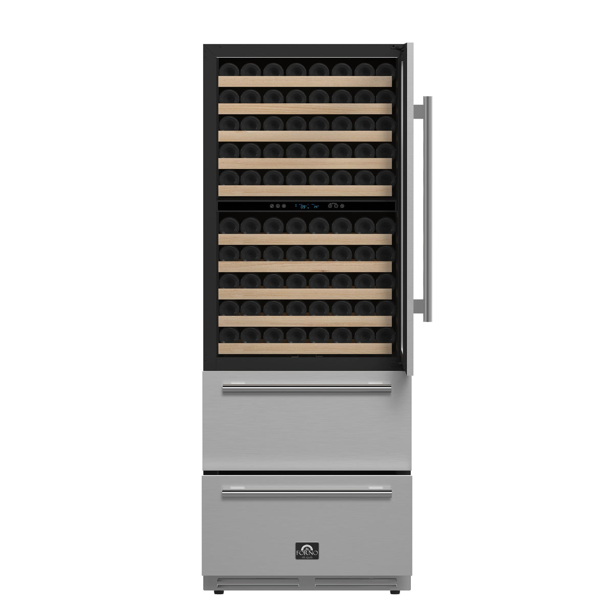 Forno Celano 30-Inch Wine & Beverage Cooler in stainless steel, cellar front open