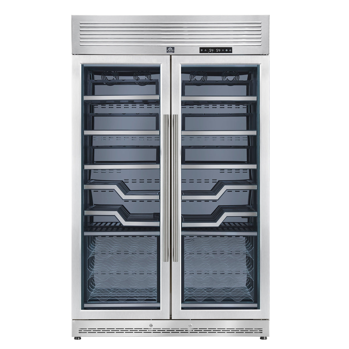 Forno Abruzzo 48-Inch Wine & Beverage Cooler in stainless steel, front empty