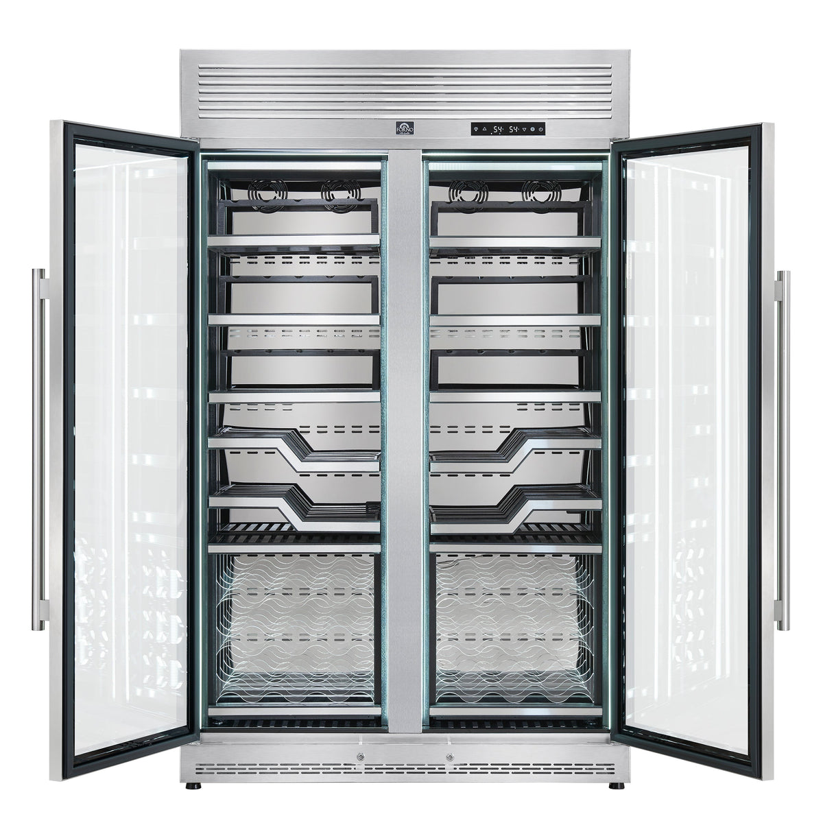 Forno Abruzzo 48-Inch Wine & Beverage Cooler in stainless steel, front door open empty