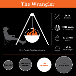 Cowboy Cauldron Wrangler 36" Fire Pit & Grill specifications and dimensions