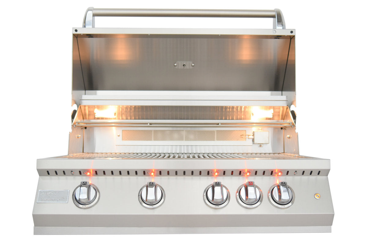 KoKoMo 32 inch Professional built-in gas grill seated in an outdoor kitchen island