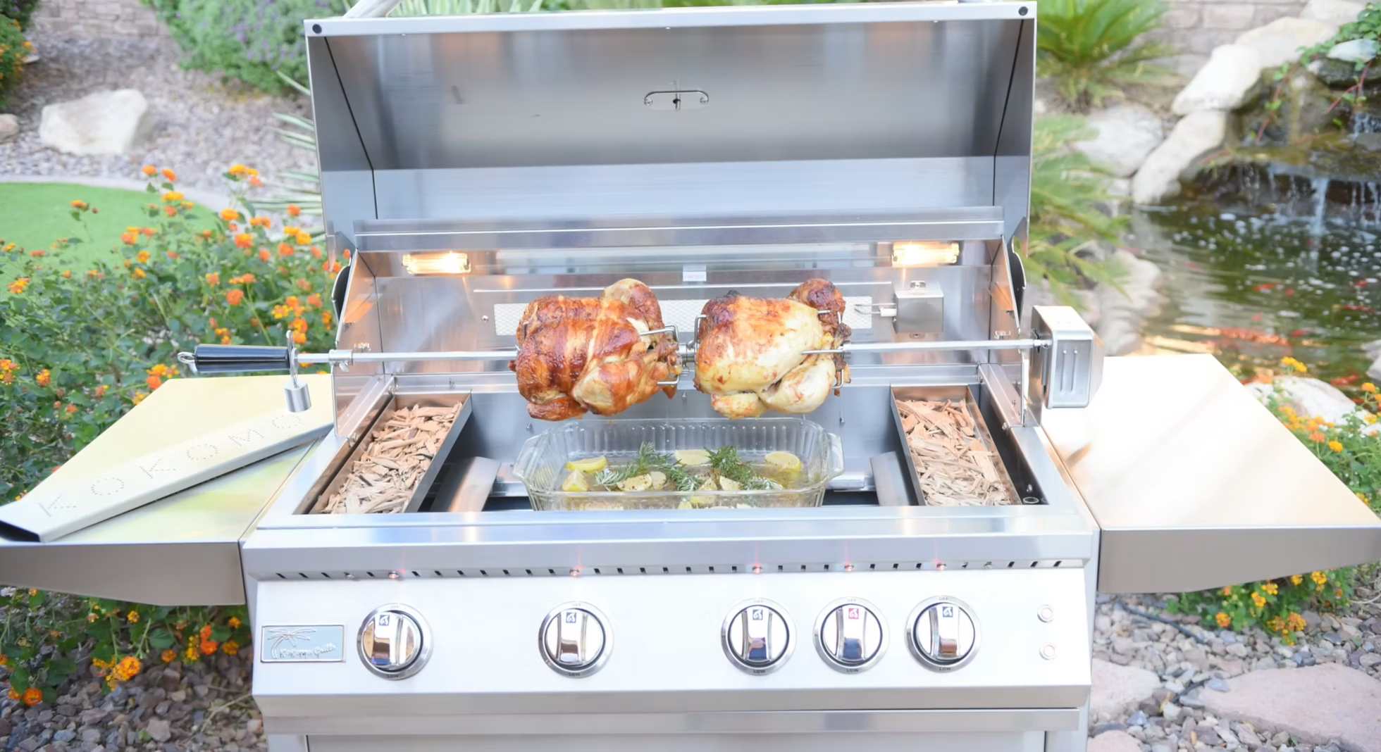 KoKoMo Smoker Box Insert installed in a stainless steel gas grill