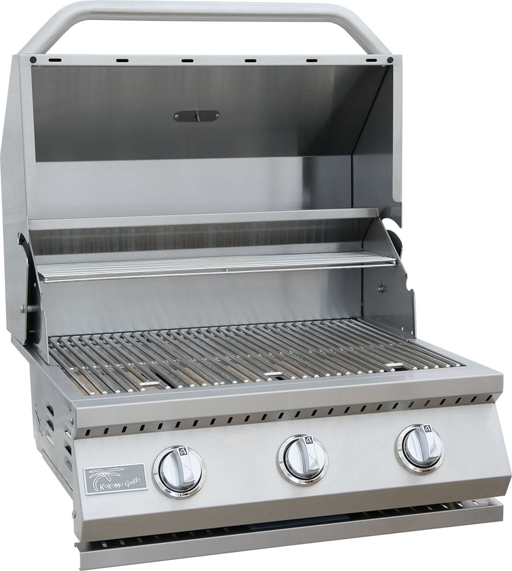 Polished 304 stainless steel built-in gas grill with the lid open in an outdoor kitchen