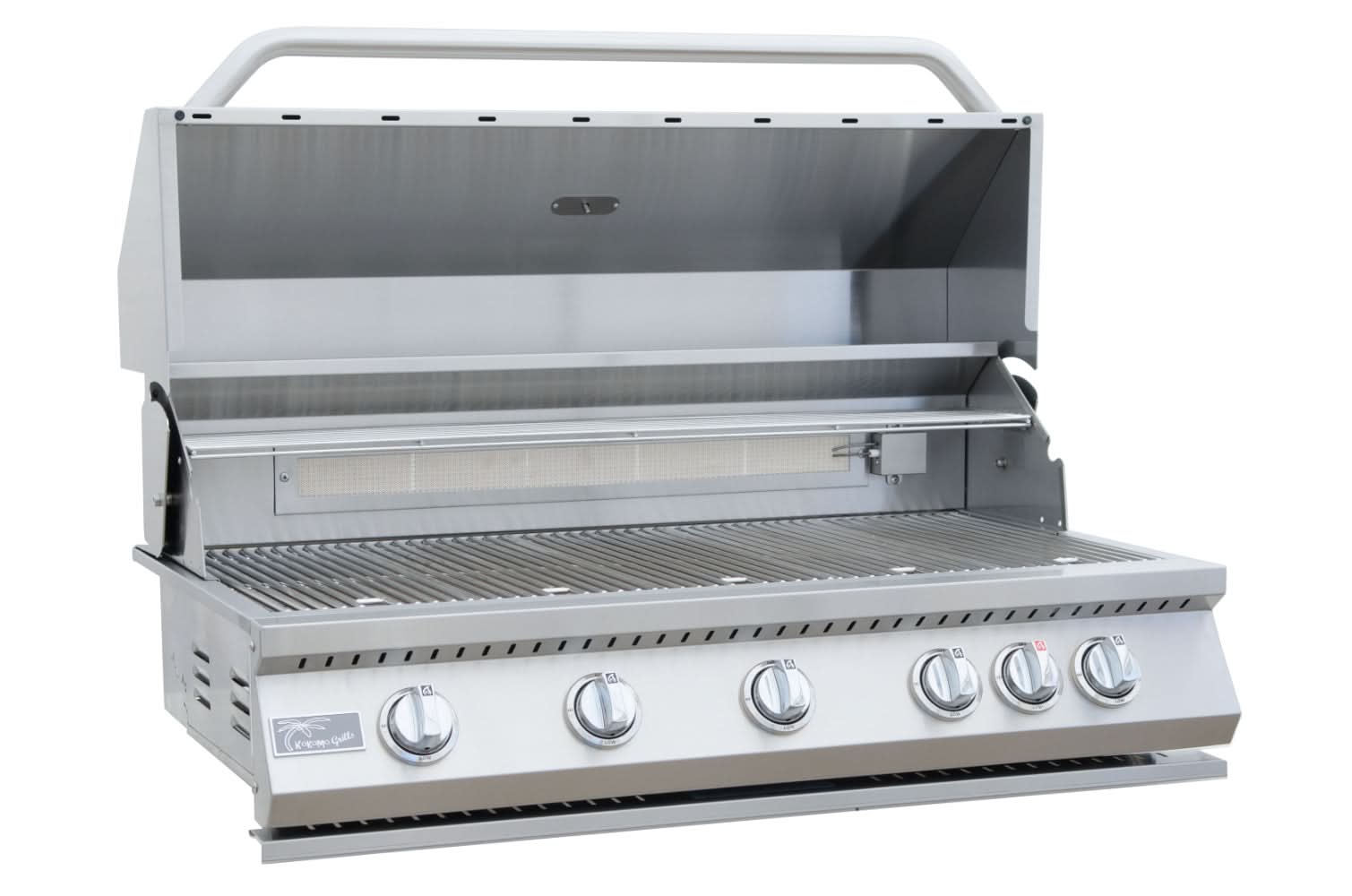 Stainless steel built-in gas grill seated in an outdoor kitchen island with the hood open