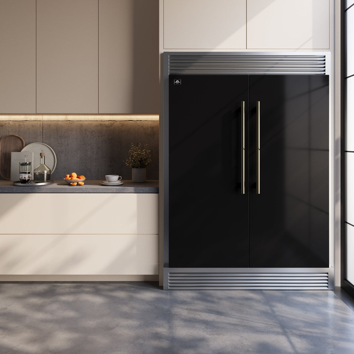 Forno Maderno refrigerator pair in a finished kitchen