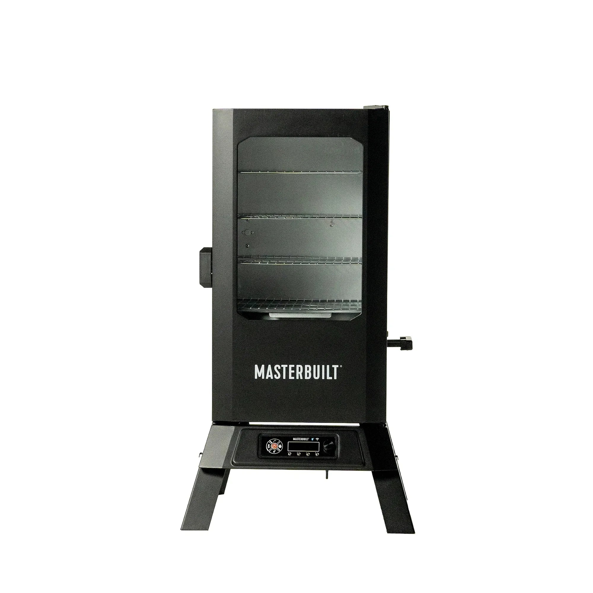 Masterbuilt 710 WiFi Digital Electric Smoker, black vertical cabinet with viewing window and side wood chip loader
