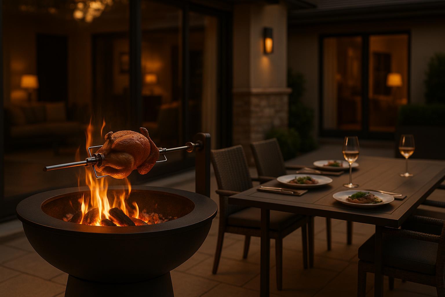Lifestyle cover image for Arteflame grill rotisserie review showing a premium live-fire outdoor cooking setup