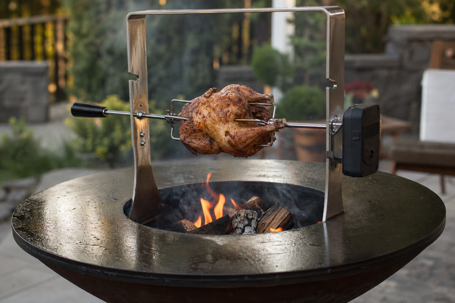 Photoreal lifestyle cover image for the Arteflame grill rotisserie with chicken roasting over live fire in a backyard setting