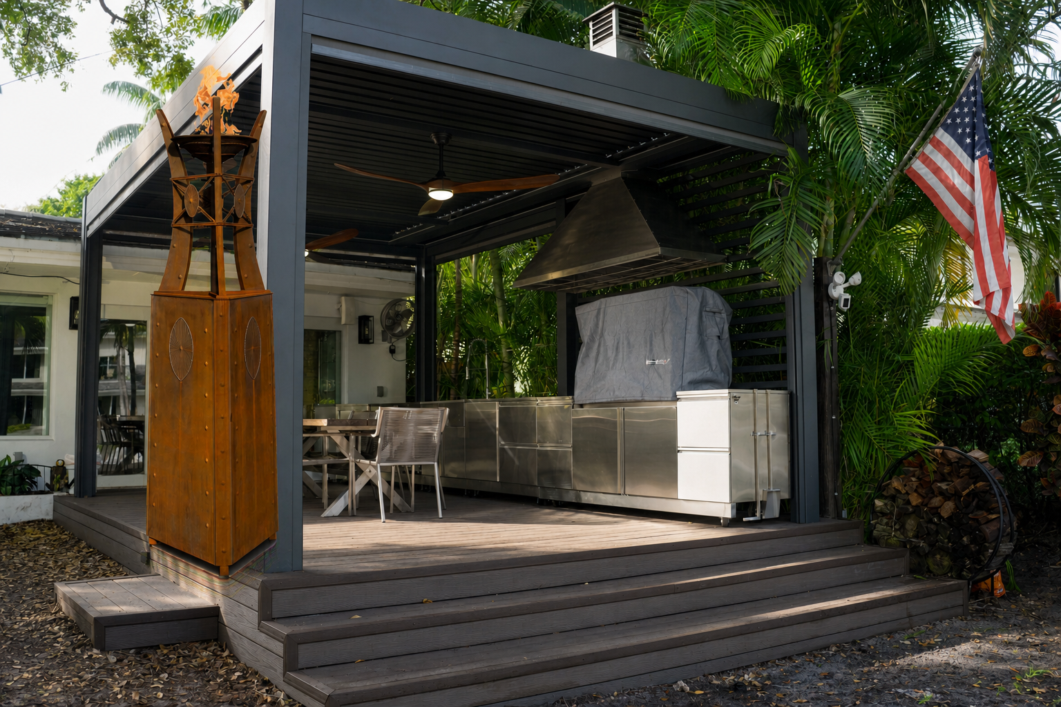 The Outdoor Plus Bastille fire tower showcased in an upscale outdoor patio setting