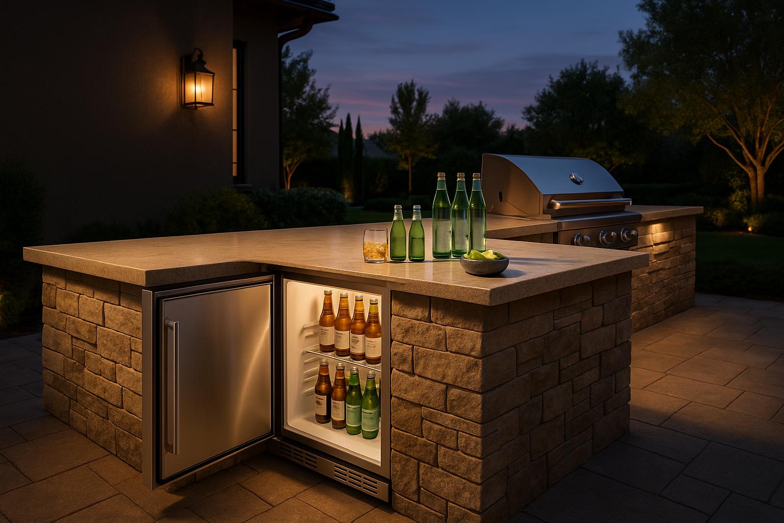 Lifestyle cover image for KoKoMo outdoor kitchen refrigerator review showing a premium outdoor kitchen entertaining scene