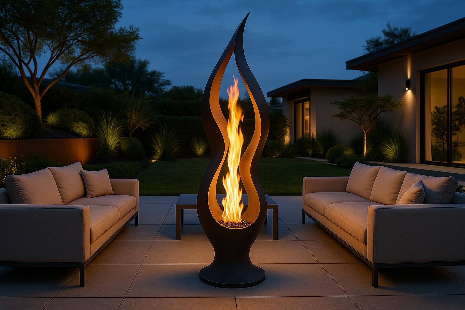 Lifestyle cover image for Nebula fire sculpture review showing a luxury modern patio fire feature at dusk
