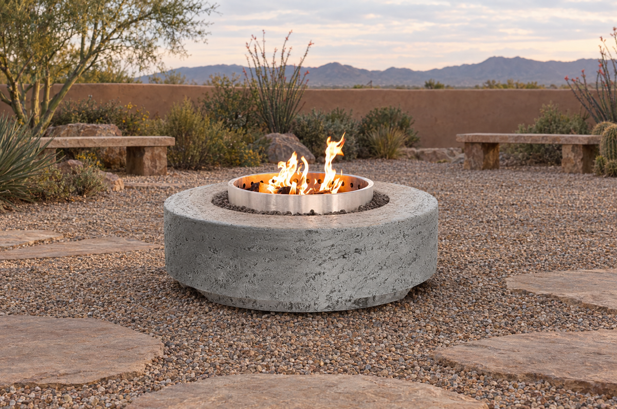 Outdoor Plus Artemis GFRC wood fire pit in an arid gravel courtyard — illustrative setting