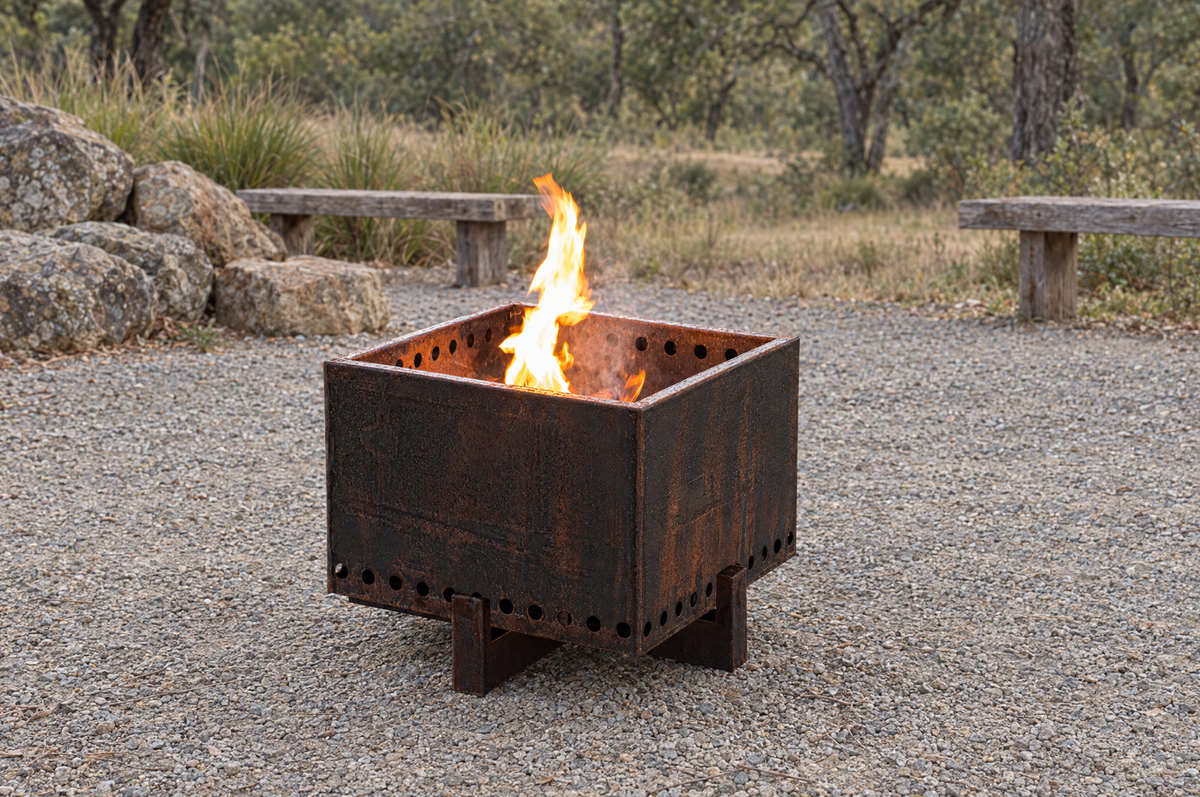 Outdoor Plus Helix Corten wood fire pit in a rustic gravel gathering area — illustrative setting