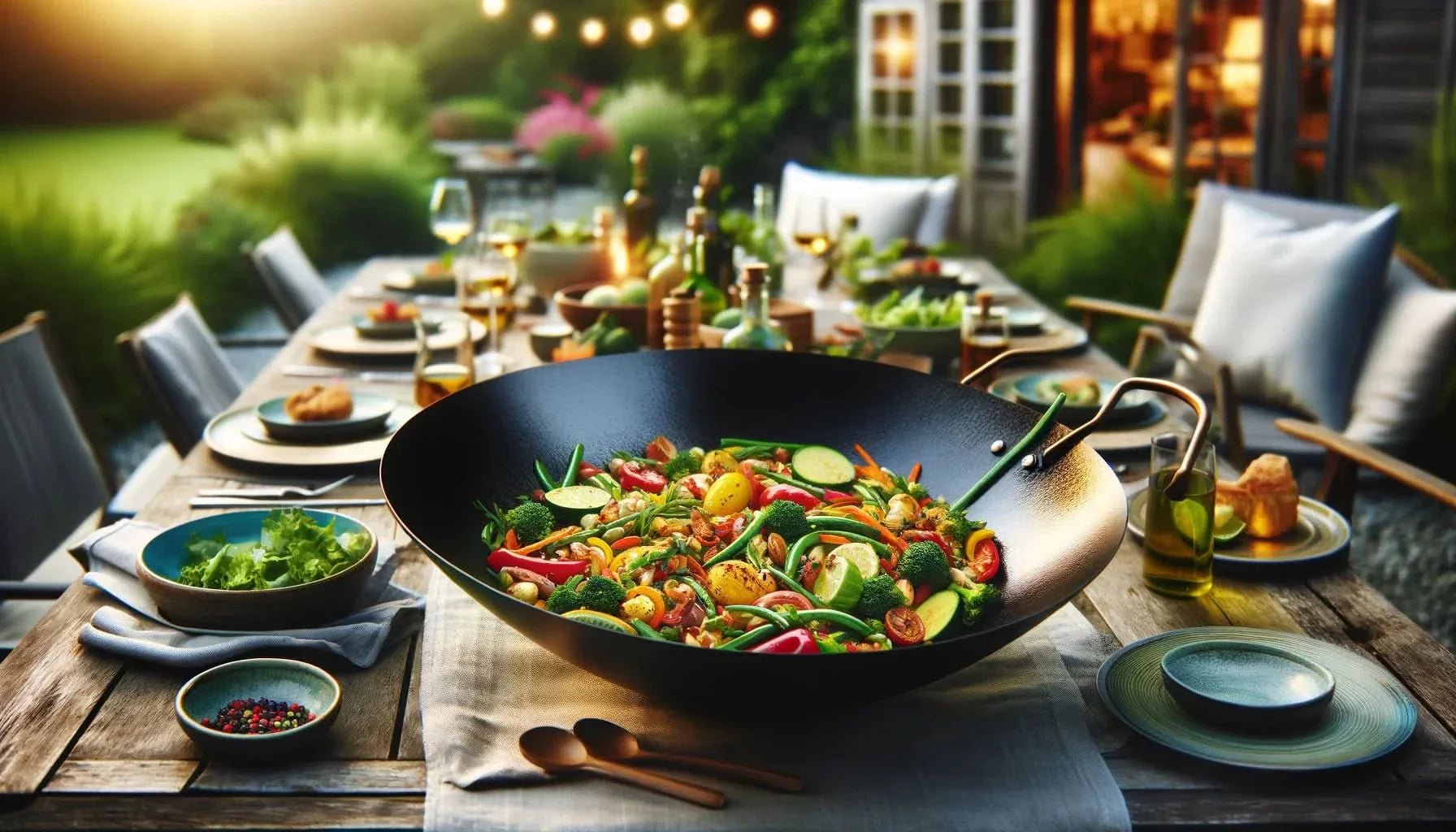 Arteflame Grill Wok Holder with wok on the grill in a real outdoor cooking setup