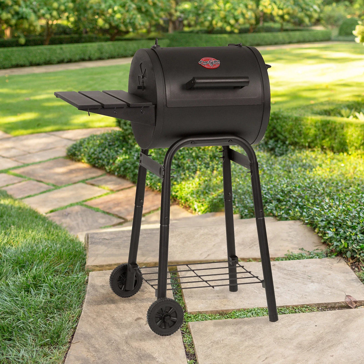 Char-Griller Patio Pro 1616 compact barrel grill lifestyle view