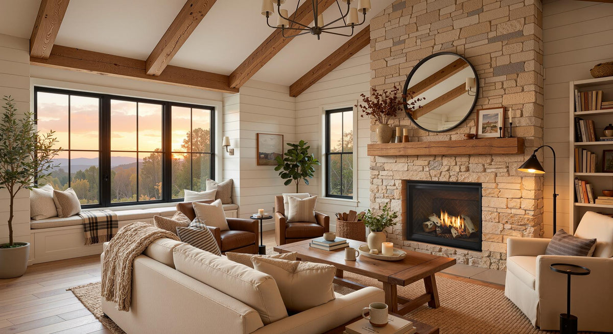 Majestic Meridian 42 gas fireplace with Tranquil Greige refractory and Ensemble front