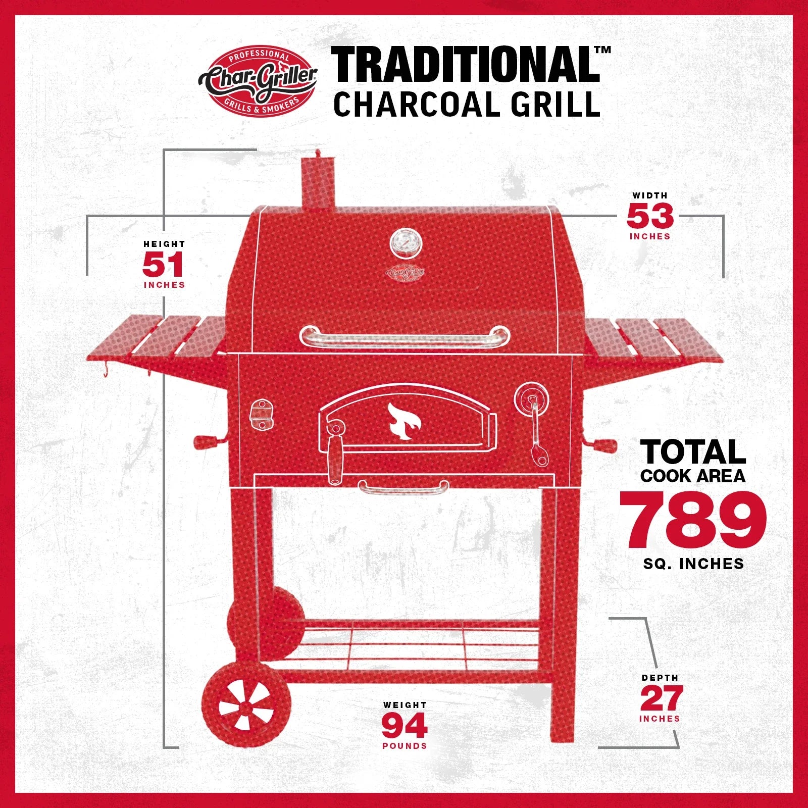 Char-Griller Traditional E2197 dimensions and cooking area diagram