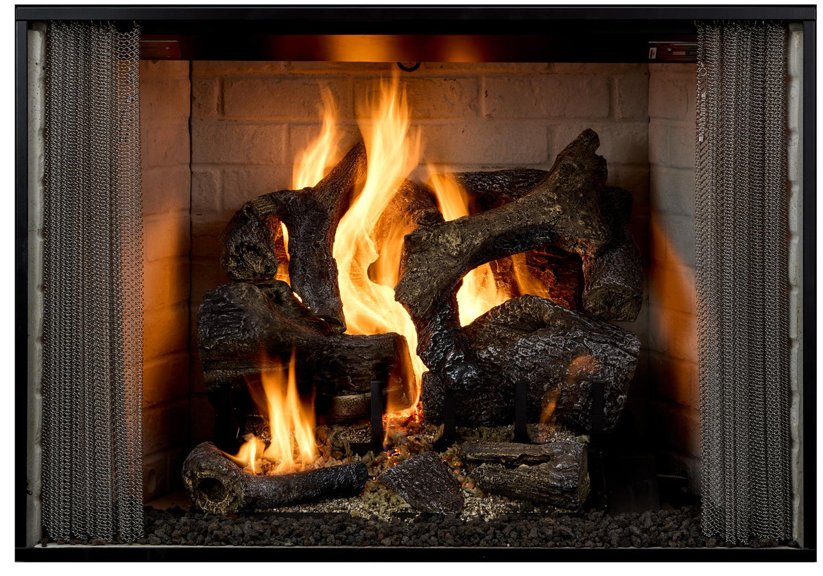 Majestic Cottagewood outdoor wood-burning firebox with natural gray refractory