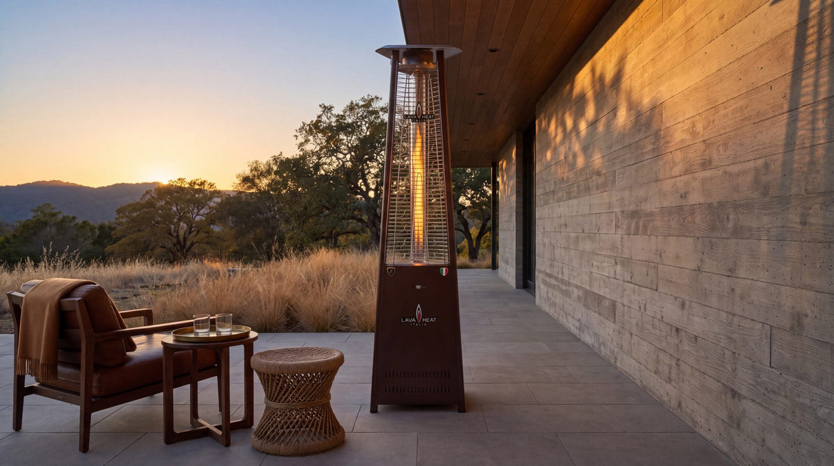 Lava Heat Italia 2G Flame Tower patio heater in Heritage Bronze - outdoor setting