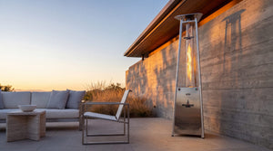 Lava Heat Italia 2G Flame Tower patio heater in Stainless Steel - outdoor setting