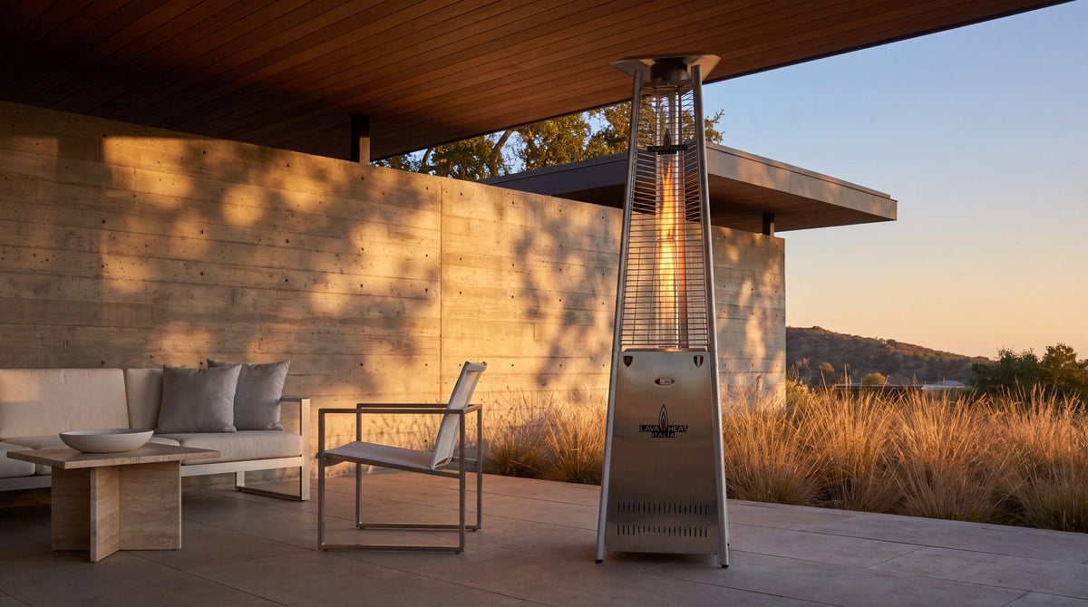 Lava Heat Italia 2G Flame Tower patio heater in Stainless Steel - outdoor setting