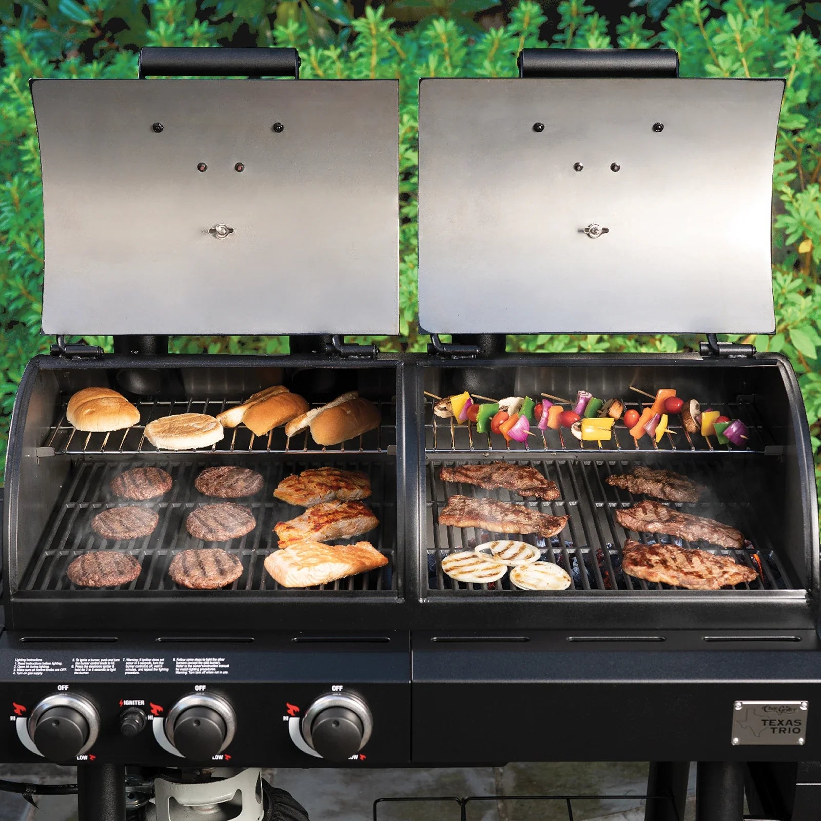 Char-Griller Texas Trio 3070 dual-fuel outdoor cooking lifestyle view