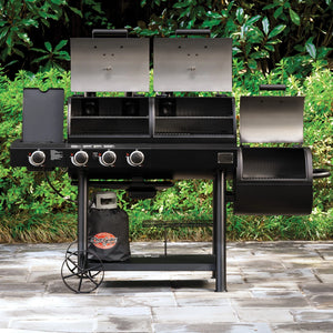 Char-Griller Texas Trio 3070 grill and offset smoker outdoor setup
