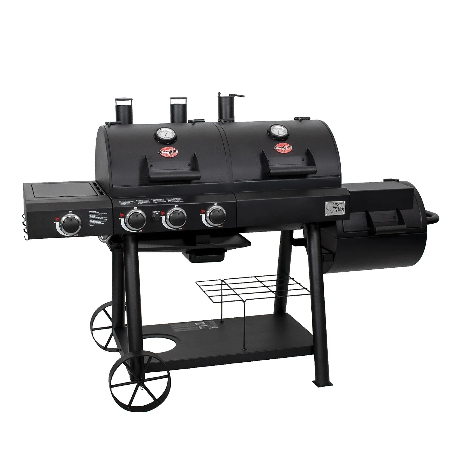 Char-Griller Texas Trio 3070 dual-fuel grill angled view