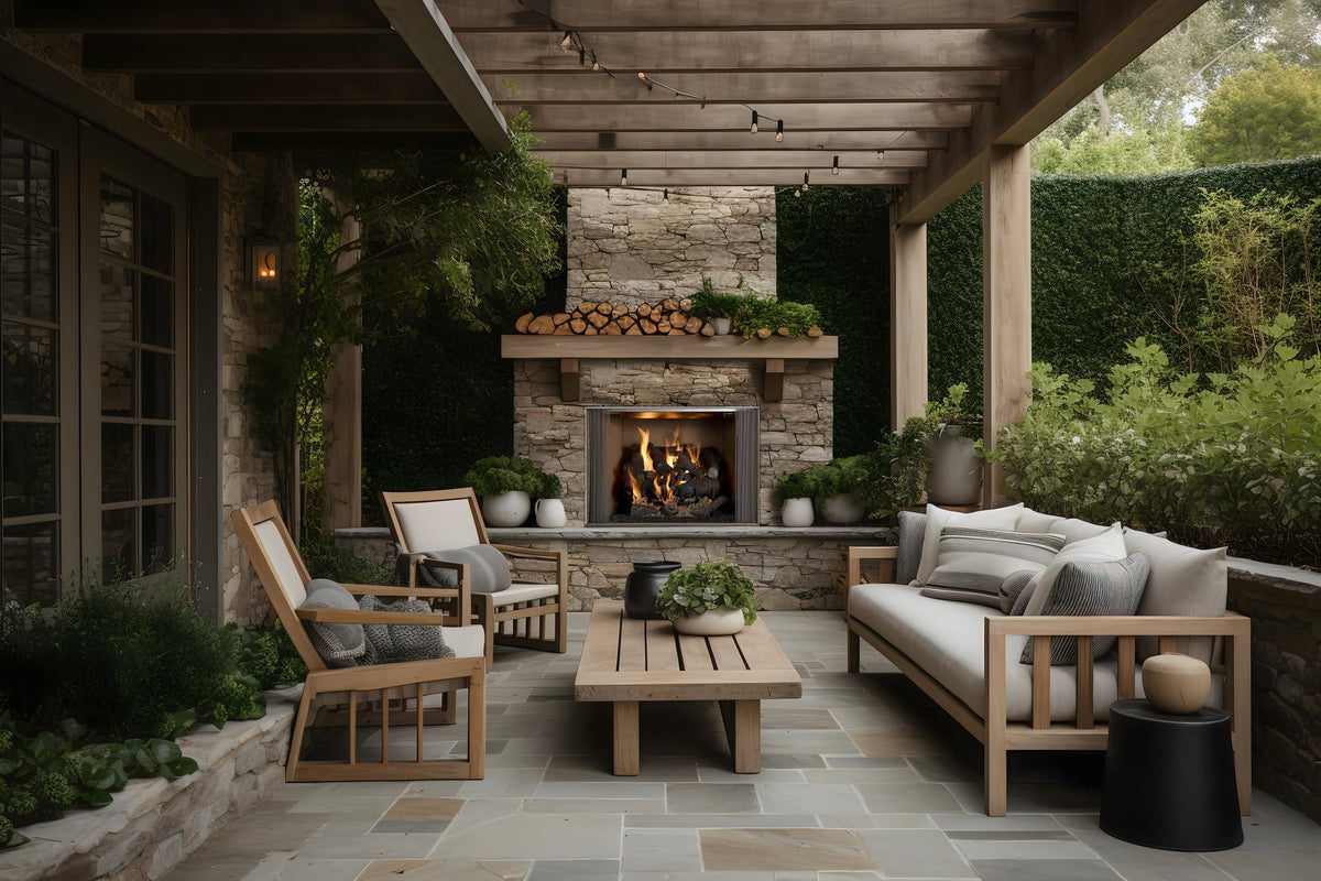 Majestic Cottagewood outdoor wood-burning fireplace with brown herringbone refractory