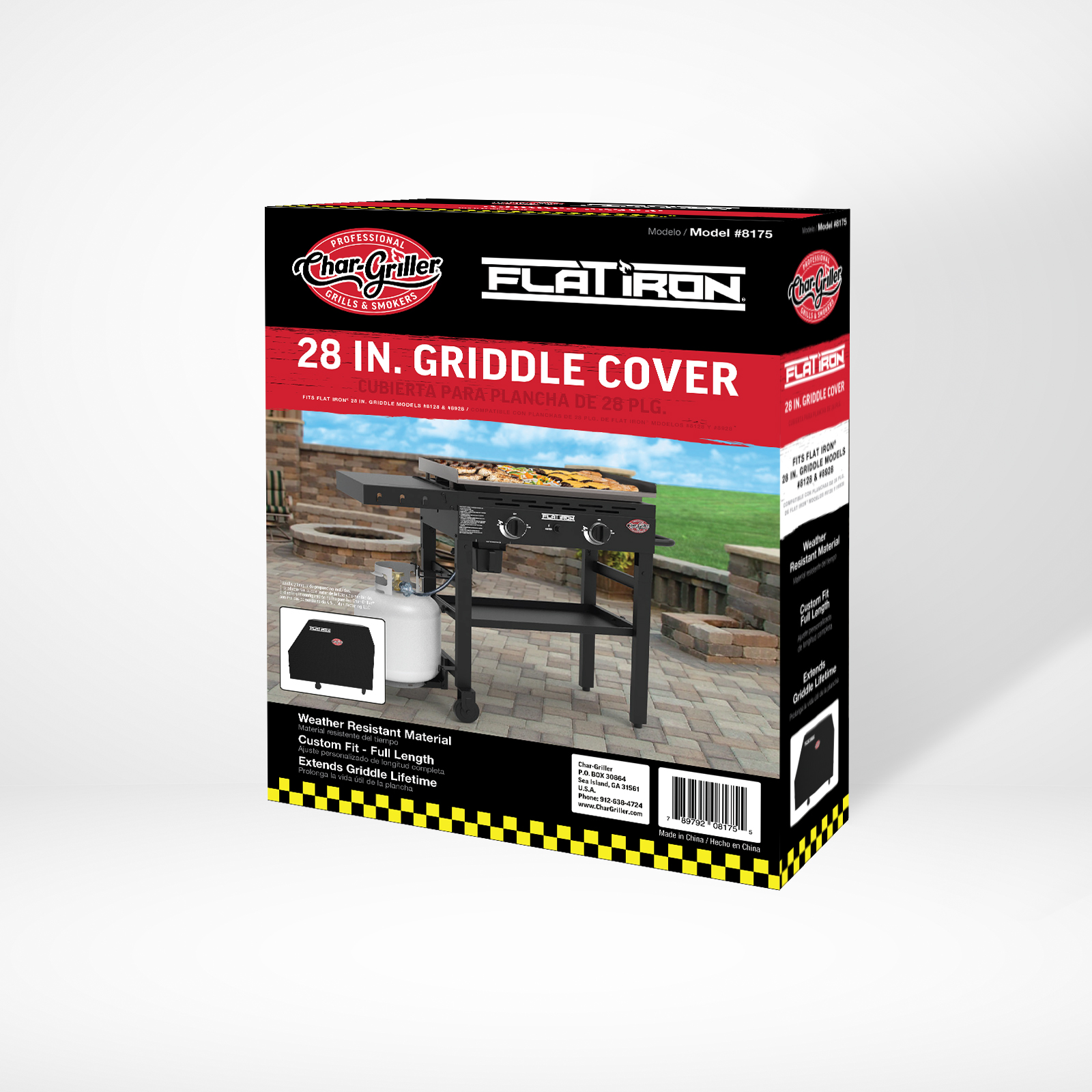 Char-Griller 8175 Flat Iron griddle cover retail box back