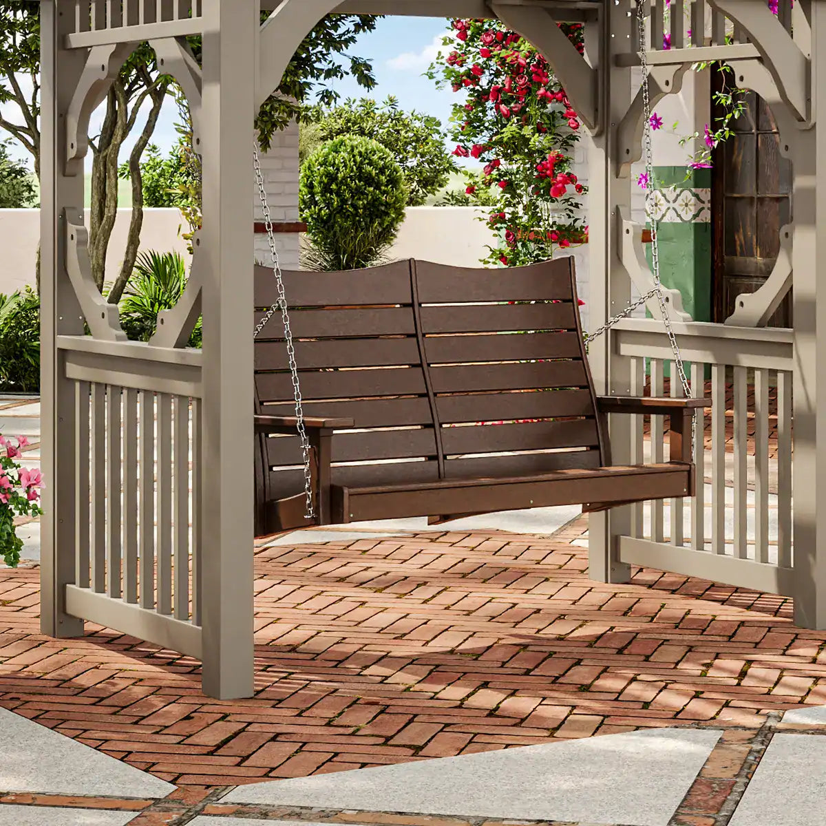 Luxcraft Four-foot Contour swing suspended on a brick porch