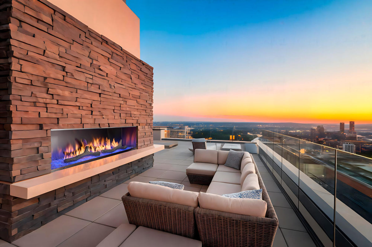 Majestic Lanai 72 outdoor linear gas fireplace on a rooftop patio