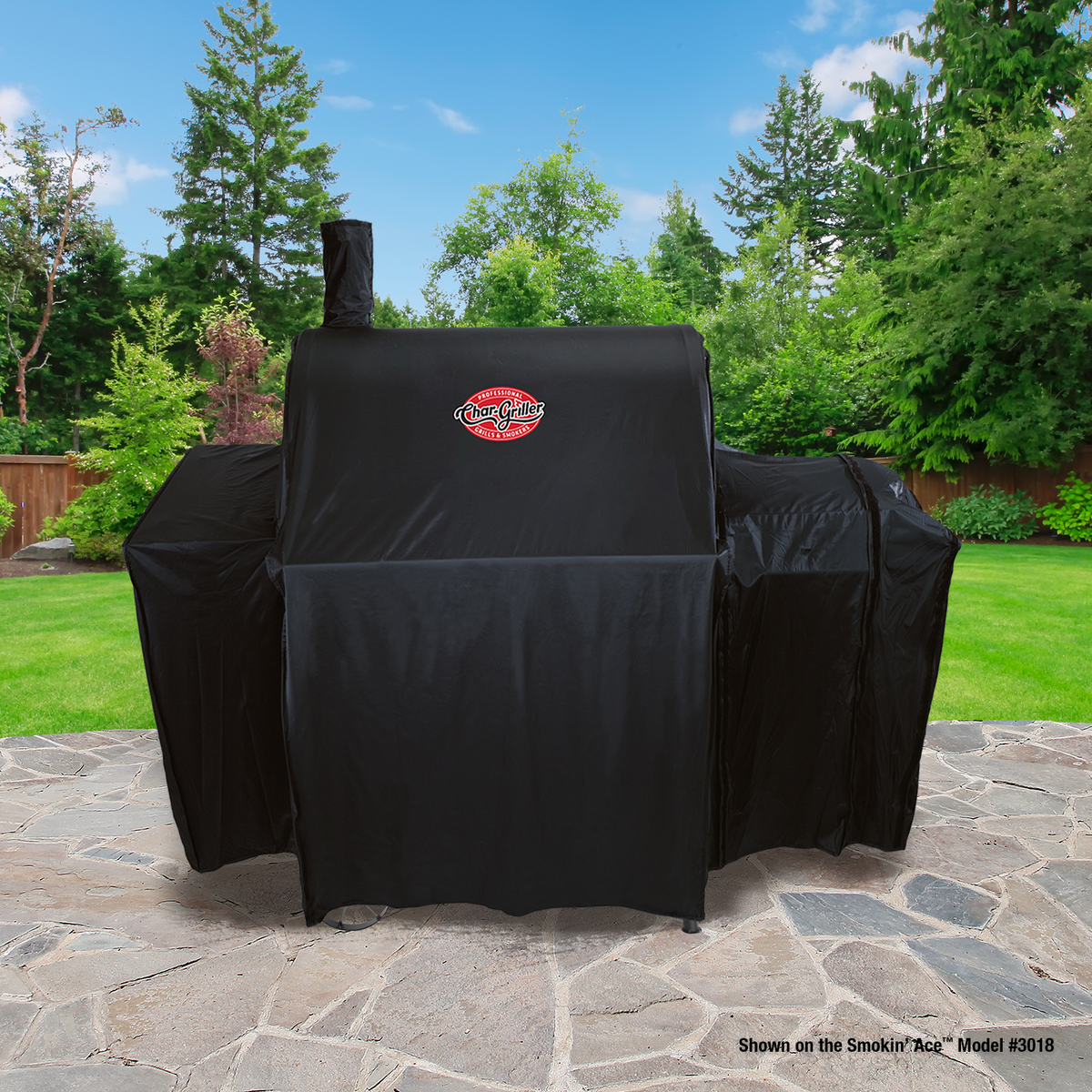 Char-Griller 5533 cover fitted with expanded side section
