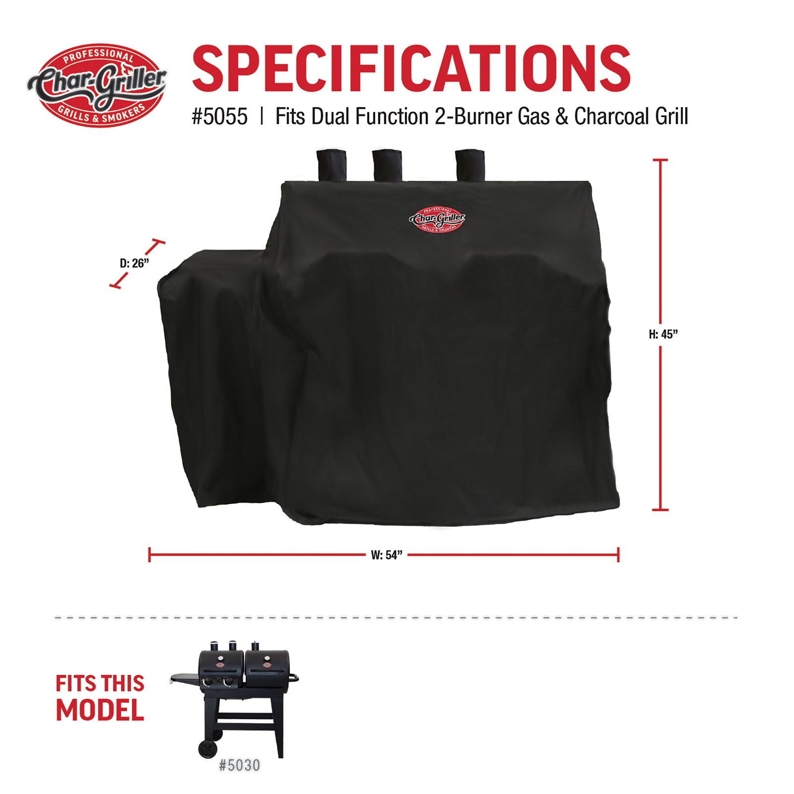 Char-Griller 5055 dual fuel grill cover dimensions and specifications