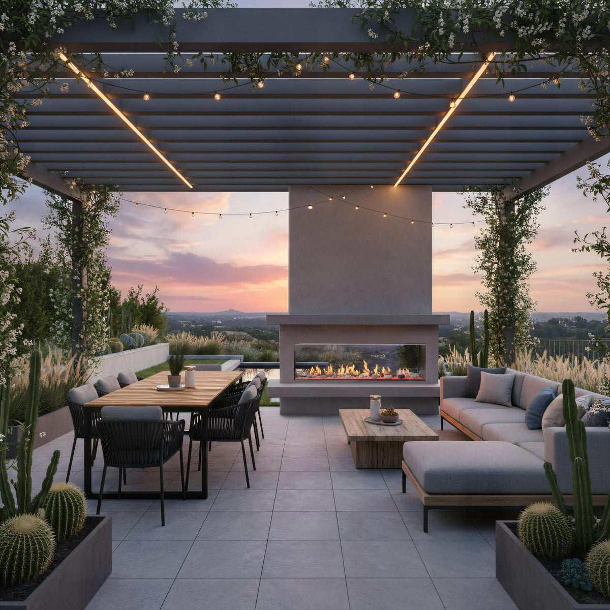 Majestic Lanai 60 see-through outdoor linear gas fireplace on a patio