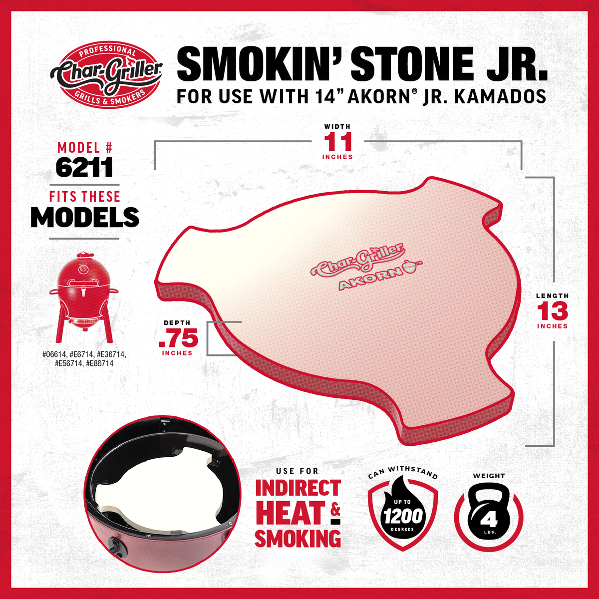Char-Griller 6211 AKORN Jr. Smokin' Stone size comparison chart
