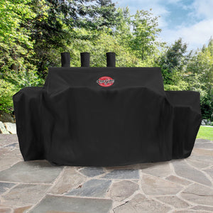 Char-Griller 8080 grill cover fitted with expanded side-fire-box section