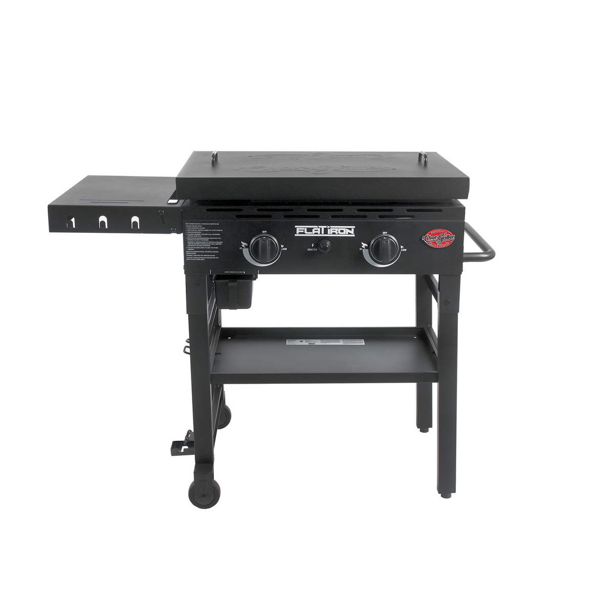 Char-Griller Flat Iron 8128 2-burner gas griddle with lid front view