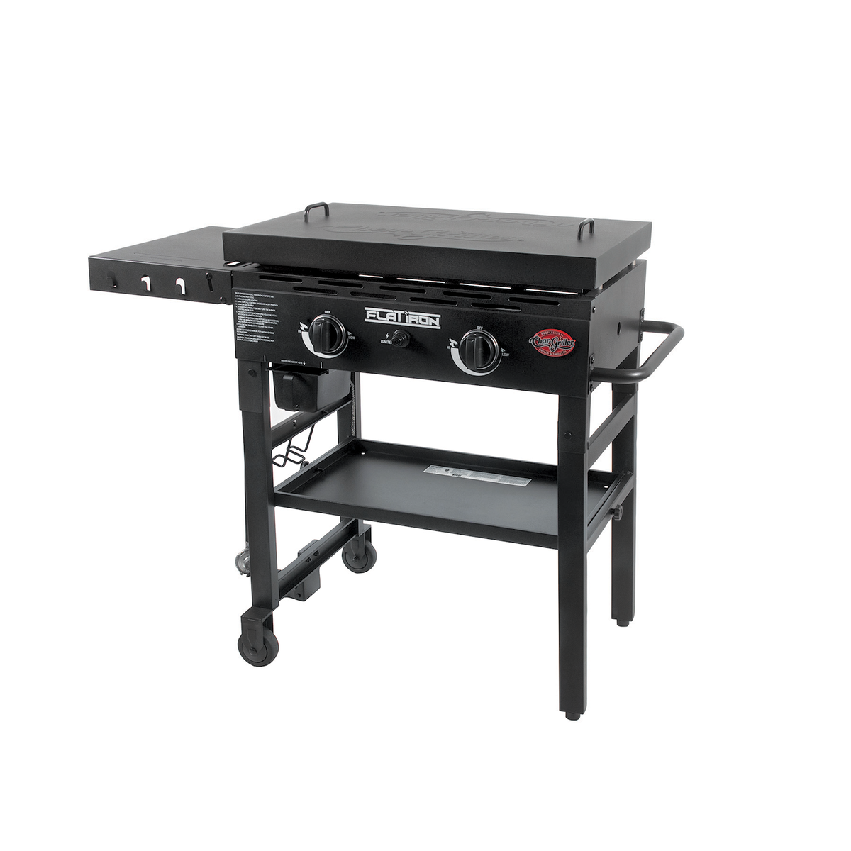 Char-Griller Flat Iron 8128 gas griddle right-angle view with lid