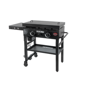 Char-Griller Flat Iron 8128 gas griddle right-angle view with lid