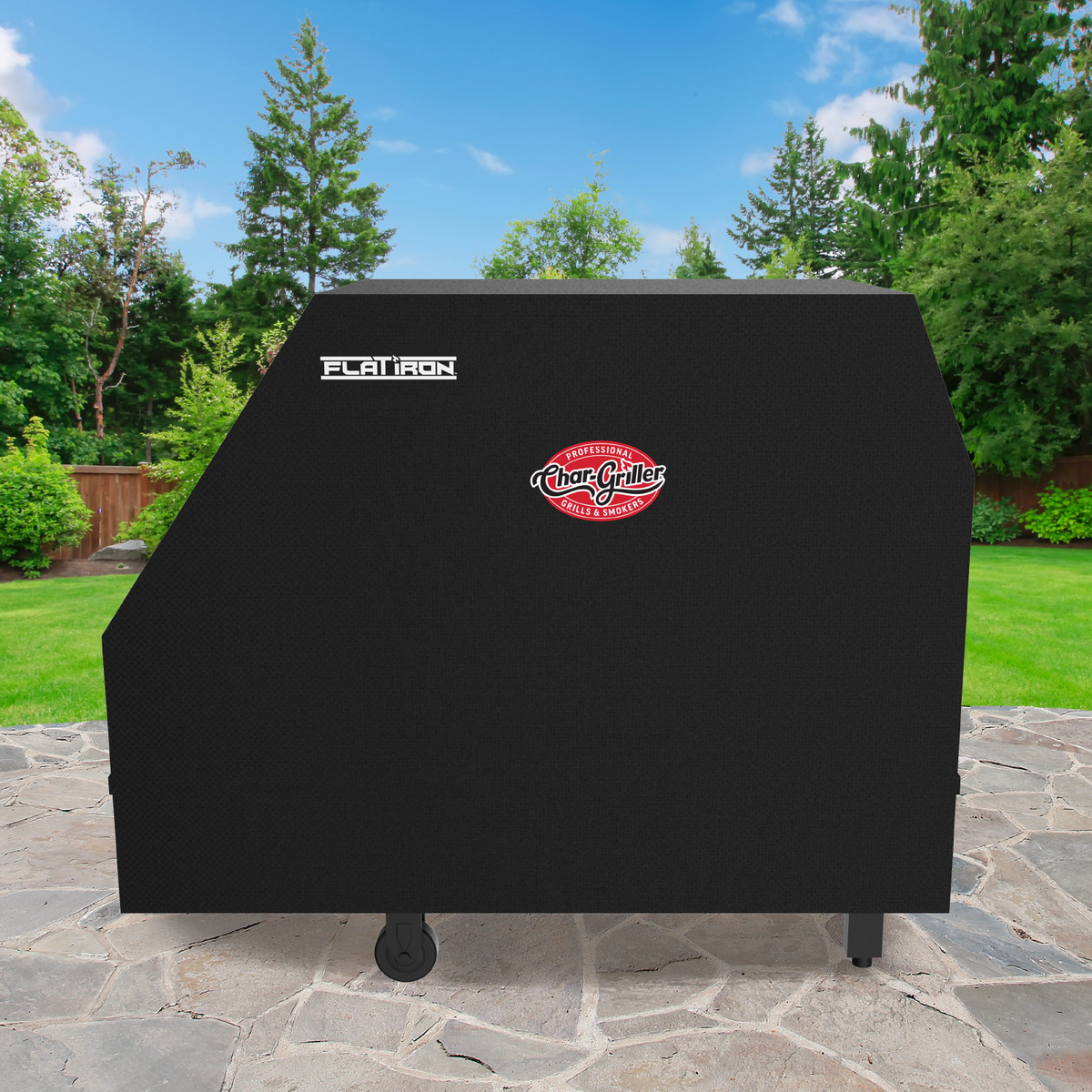 Char-Griller 8355 cover fitted on Flat Iron 3-burner griddle