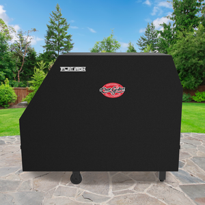Char-Griller 8355 cover fitted on Flat Iron 3-burner griddle