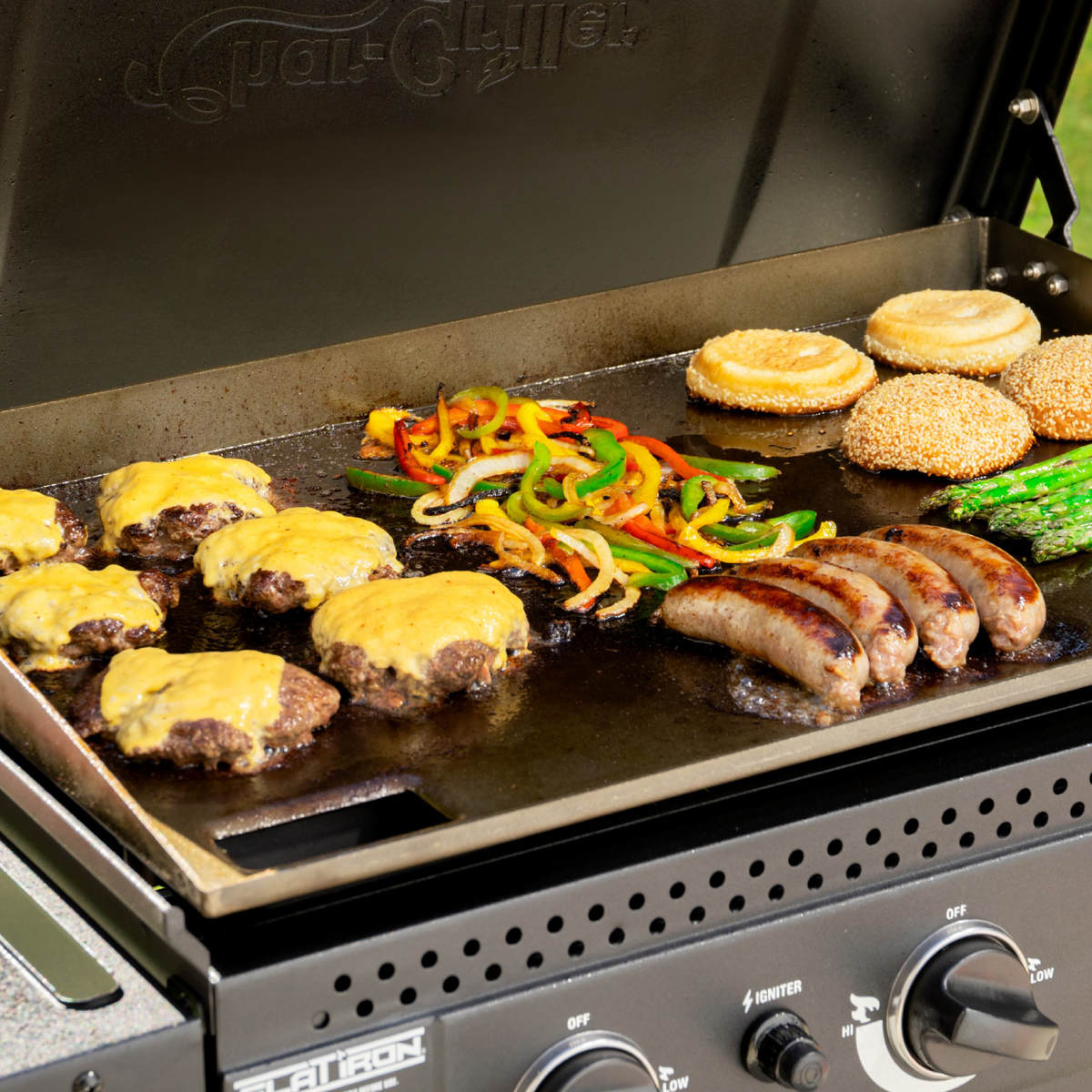 Char-Griller Flat Iron E8428 flat-top griddle food lifestyle view