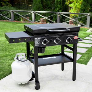 Char-Griller Flat Iron E8428 3-burner griddle outdoor lifestyle view