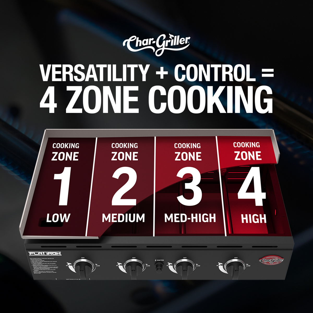 Char-Griller Flat Iron 8536 four-burner griddle heat-zone diagram