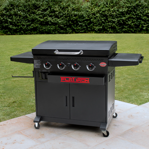 Char-Griller Flat Iron 8536 4-burner griddle left-side lifestyle view