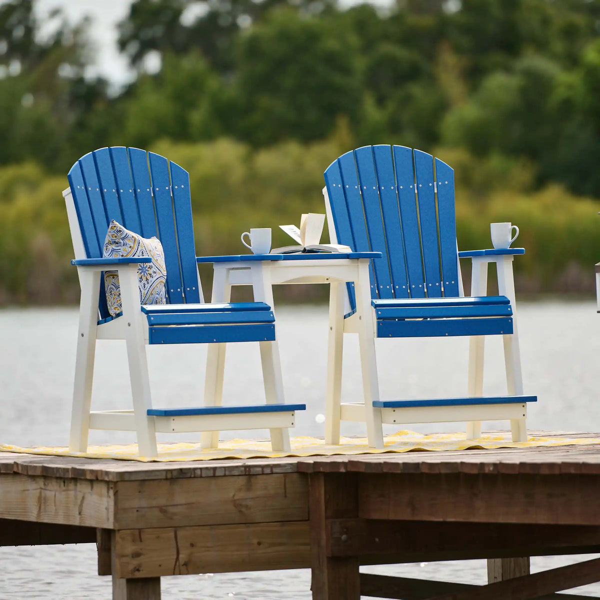 Luxcraft Blue Adirondack Balcony Chairs on a deck