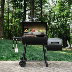 Char-Griller Smokin' Pro CG30044223 barrel grill and offset smoker lifestyle view