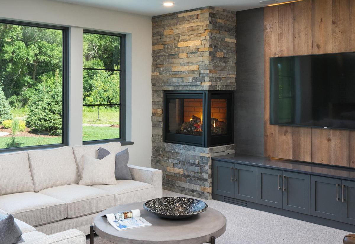 Majestic Corner direct vent gas fireplace in a living room